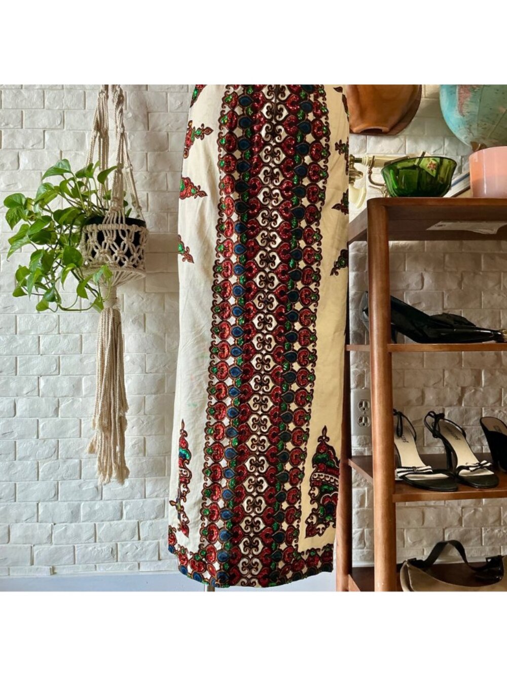 Vintage 70s Bou Boudina Maxi Dress Ornately Sequined Colorful Dashiki Medallion - Picture 12 of 14